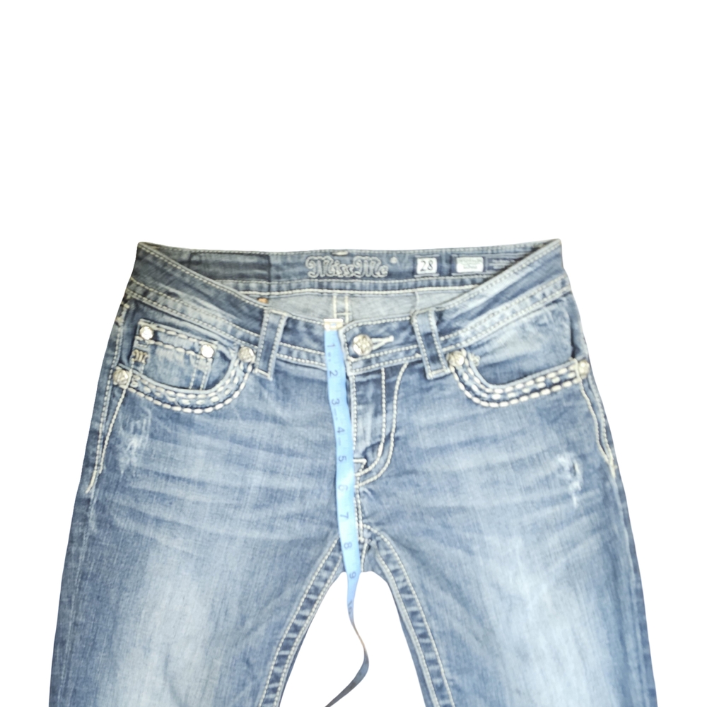 Miss Me Blue Straight Leg Jeans with Ornate Rhinestone Design - Picture 3 of 7
